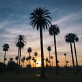 Palm trees in city park during sunrise, urban oasis