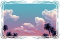 palm trees and clouds in a frame with a blue sky and pink clouds Royalty Free Stock Photo