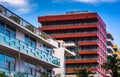 Palm trees and colorful buildings in Miami Beach, Florida. Royalty Free Stock Photo