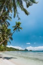 Palm trees of Corong Corong beach with traditional boats and blue sky in El Nido, Palawan island, Philippines. Vertical view Royalty Free Stock Photo