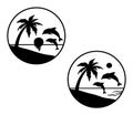 Palm trees and dolphin round icons. Sunset Sea in circle emblem. Vector Silhouette isolated on white