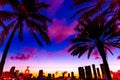 Palm trees with downtown Miami on the background on a purple sunset Royalty Free Stock Photo