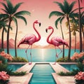 Colorful Flamingos and Palm trees in a Florida resort