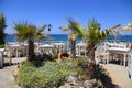 Palm trees and flowers at outdoor greek cafe terrace, Crete, Greece Royalty Free Stock Photo