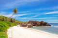 Palm trees and granite rocks on dream beach at Seychelles Royalty Free Stock Photo