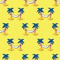 Palm trees with hammocks seamless summer vector pattern. Repeating relaxing beach vacation background in bright colors Royalty Free Stock Photo