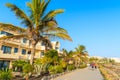 Palm trees and hotel buildings along coastal promenade Royalty Free Stock Photo