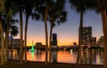 Palm trees in Lake Eola Park in Orlando city at sunset, Florida, USA Royalty Free Stock Photo