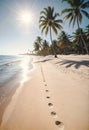palm trees line the beach with footprints in the sand and sun shinning on the sky Royalty Free Stock Photo