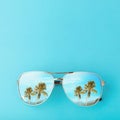 Palm trees and mountains are reflected in sunglasses. Concept on the theme of vacation and travel with copy space Royalty Free Stock Photo