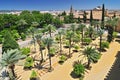 Palm trees and orange trees in a public park next to the Alcazar de los Reyes Cristianos in Cordoba, Spain