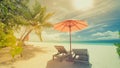 Tropical beach in vintage style effect. Sun umbrella and deck chairs, sun beds and palm trees under sunlight blue sea backgroud Royalty Free Stock Photo