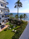 Palm Trees overlooking the quiet beach in November in Marbella Andalucia Spain Royalty Free Stock Photo