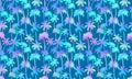 Palm trees pattern horizontal background. Vector neon tropical jungle texture on blue background. Abstract holographic