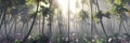 Jungle, rainforest during the plank, palm trees in the morning in the fog, jungle in the haze, 3D rendering