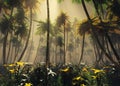 Jungle, rainforest during the plank, palm trees in the morning in the fog, jungle in the haze, 3D rendering