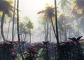 Jungle, rainforest during the plank, palm trees in the morning in the fog, jungle in the haze, 3D rendering Royalty Free Stock Photo