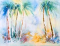 Palm trees and road, watercolor image