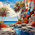 Palm trees on a rocky beach. Tropical landscape painting.