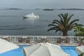 luxury yacht anchored in the bay in front of the hotel Royalty Free Stock Photo