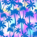 Palm trees seamless pattern. Vector blue tropical jungle texture on rainbow holographic gradient background. Abstract Royalty Free Stock Photo