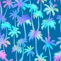 Palm trees seamless pattern. Vector neon tropical jungle texture on blue background. Abstract holographic gradient palm Royalty Free Stock Photo