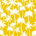 Palm trees seamless pattern. Vector white tropical jungle texture on yellow background. Abstract palm silhouettes summer Royalty Free Stock Photo