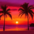 Palm trees silhouetted against a backdrop of vibrant red sky at sunset. AI-generated.