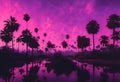 palm trees are silhouetted against a sunset sky over a pond Royalty Free Stock Photo