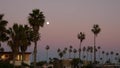 Palm trees silhouettes and full moon in twilight sky, California beach houses. Royalty Free Stock Photo