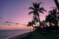 Palm trees silhouettes on tropical beach during colorful sunset. Royalty Free Stock Photo