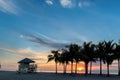 Palm trees on Miami Beach at sunrise and life guard tower, Florida. Royalty Free Stock Photo