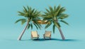 Palm trees, sun loungers and a beach umbrella on a blue background.