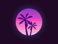 Palm trees on a sunset background in the style of the 90s. Retro poster in purple color, logo. Vector Royalty Free Stock Photo