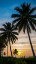 Palm trees on sunset background, tropical serenity, coastal view