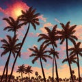 Palm trees, Sunset, Beautiful sky AI generated digital art Royalty Free Stock Photo