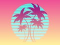 Palm trees at sunset in a futuristic retro style. Summer time. Silhouettes of palm trees against the background of a gradient Royalty Free Stock Photo