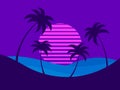 Palm trees at sunset in a futuristic 80s style. Dark silhouettes of palm trees on the seashore and the sun in the style of Royalty Free Stock Photo