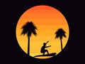 Palm trees and a surfer on a sunset background in the style of the 80s. Tropical sunrise or sunset. Vector