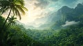 Palm trees sway atop a hill with towering mountains and a surrounding mountain range, Ai Generated