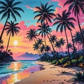 Palm trees sway in a beach painting with a tropical sunset as the beautiful background. Royalty Free Stock Photo