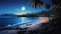 Romantic Moonlit Beach Painting With Palm Trees And Water