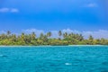 Palm trees on tropical beach in Maldives. Blue ocean lagoon sunny blue cloudy sky. Relaxing travel nature landscape