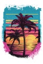 Palm trees at the tropical beach at sunset silhouette illustration in retro pop art style. T shirt, poster, print design. Royalty Free Stock Photo