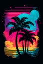 Palm trees at the tropical beach at sunset silhouette illustration in retro pop art style. T shirt, poster, print design. Royalty Free Stock Photo