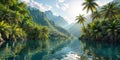 Palm trees and tropical lake, panoramic seascape Royalty Free Stock Photo