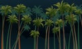 Palm trees. Tropical rainforest landscape. Overgrown jungle. Southern nature. Dark night twilight. Cartoon fun style Royalty Free Stock Photo