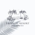 Palm Trees tropical resort view badge or Logo Template Hand Drawn beach with palms and boat Sketch with Typography