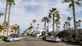 Palm trees on typical american street. Auto transport, generic city view. Oceanside, California USA