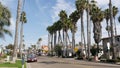 Palm trees on typical american street. Auto transport and railroad level crossing, California USA